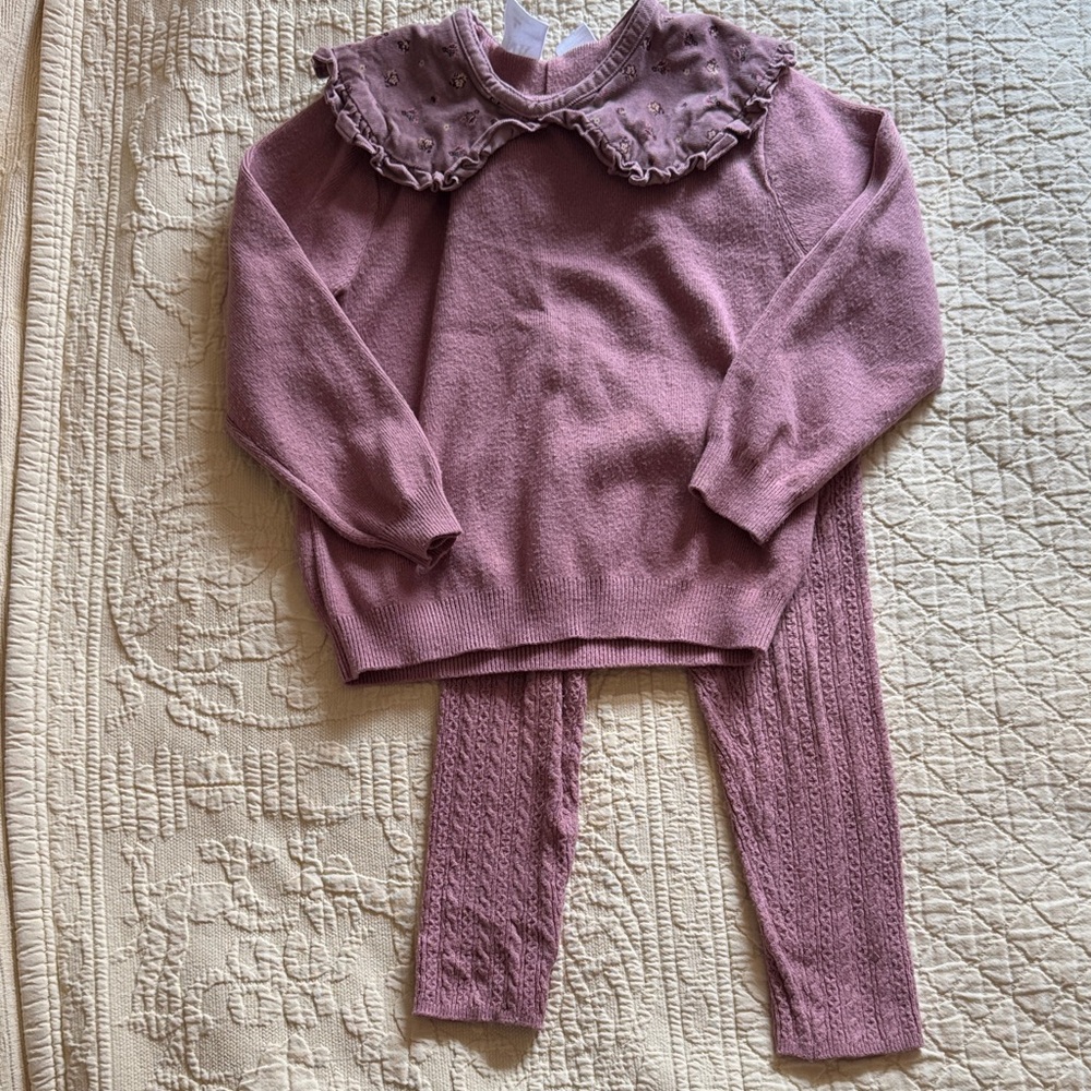 Zara Toddler Girl Pink Ruffled Collar Sweater and Leggings Set